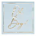 The Sugarplum Lunch Napkin Hey Baby Blue (20/pkg) features "Hey Baby" in elegant gold script with a gold border—perfect as stylish tableware or chic lunch napkins.