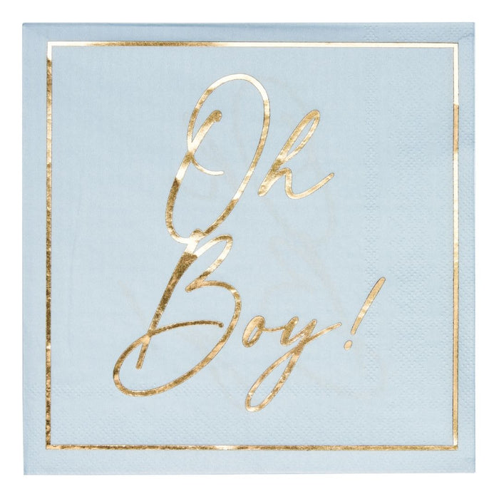 The Sugarplum Lunch Napkin Hey Baby Blue (20/pkg) features "Hey Baby" in elegant gold script with a gold border—perfect as stylish tableware or chic lunch napkins.