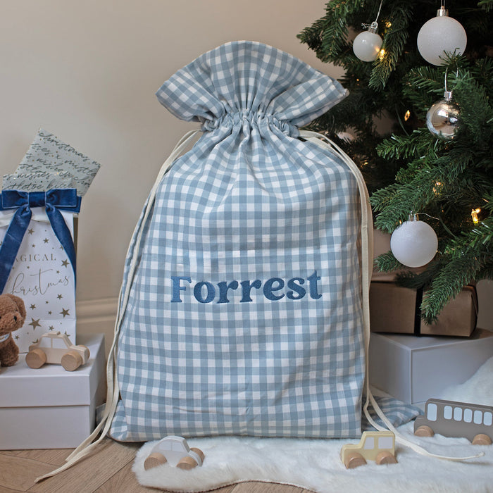 Mabel & Fox - Personalised Blue Gingham Gift Sack - Embroidered