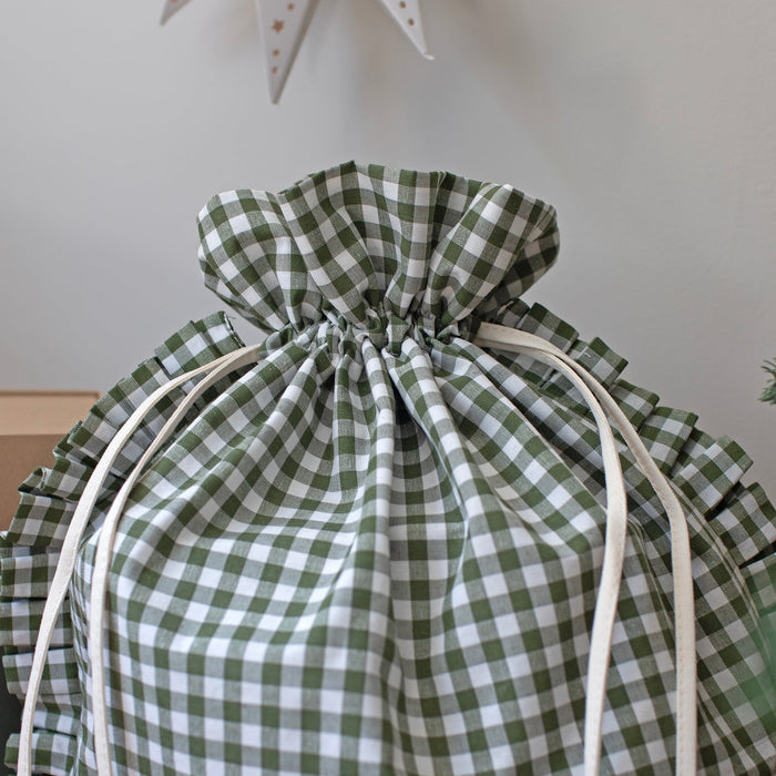 Mabel & Fox - Personalised Green Gingham Ruffle Gift Sack - Embroidered