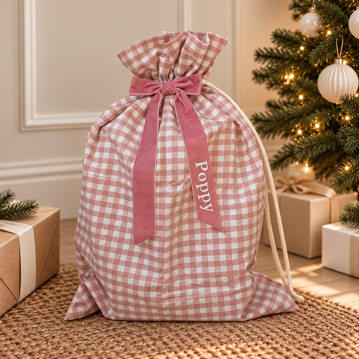 Mabel & Fox - Personalised Pink Gingham Gift Sack - Velvet Bow