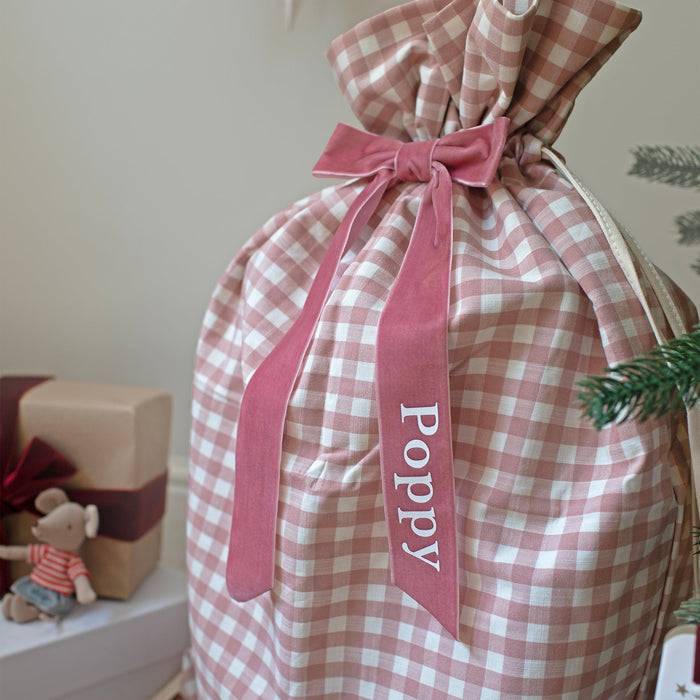 Mabel & Fox - Personalised Pink Gingham Gift Sack - Velvet Bow