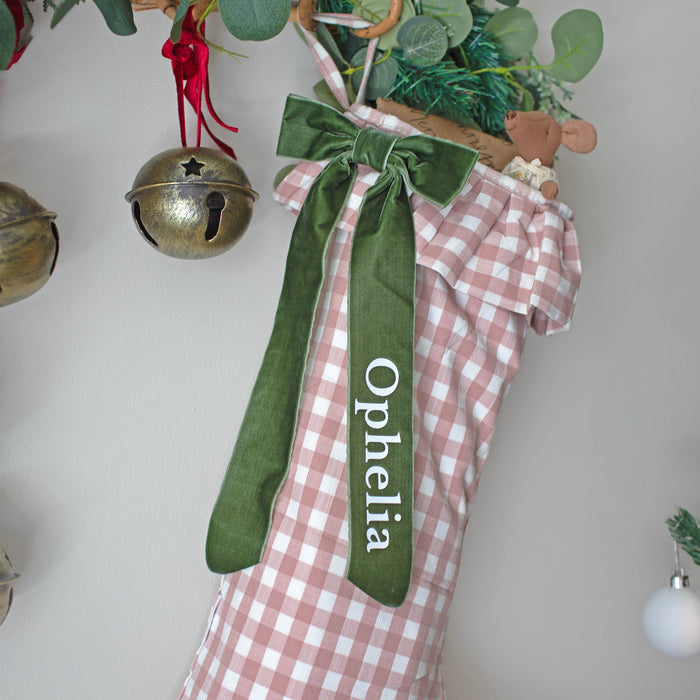 Mabel & Fox - Personalised Pink Gingham Stocking - Velvet Bow