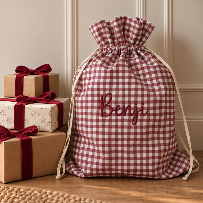 Mabel & Fox - Personalised Red Gingham Gift Sack - Embroidered