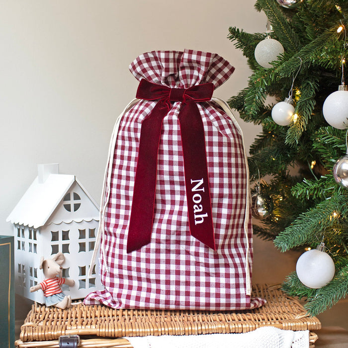 Mabel & Fox - Personalised Red Gingham Mini Gift Sack - Velvet Bow