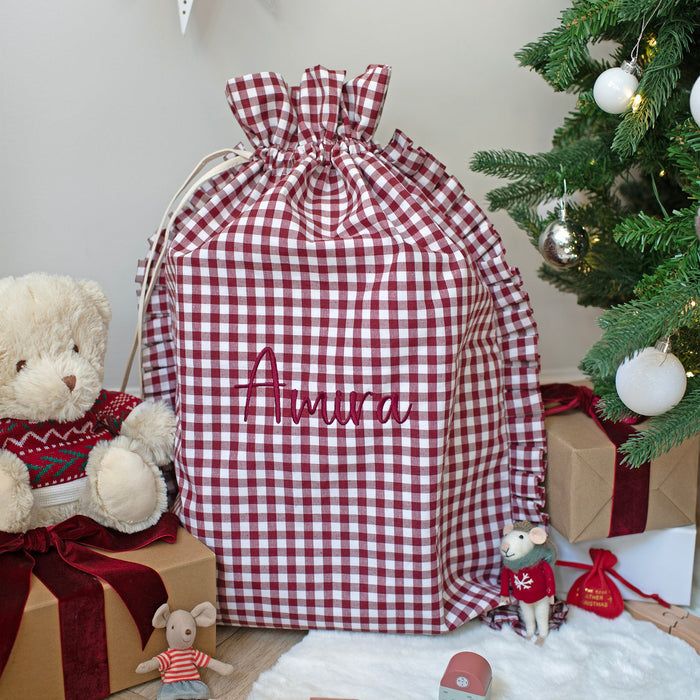 Mabel & Fox - Personalised Red Gingham Ruffle Gift Sack - Embroidered