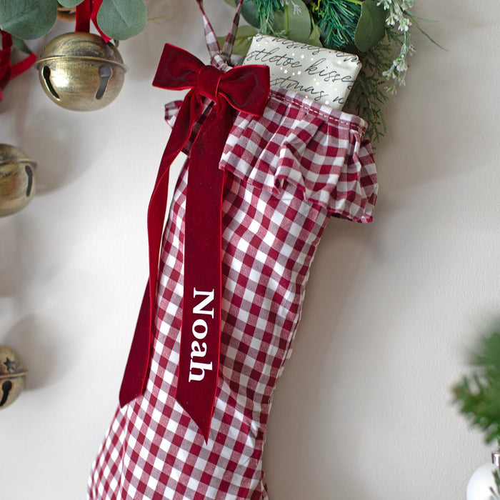 Mabel & Fox - Personalised Red Gingham Stocking - Velvet Bow
