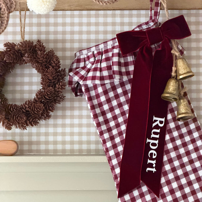 Mabel & Fox - Personalised Red Gingham Stocking - Velvet Bow