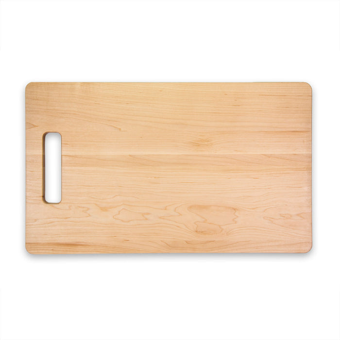 The Maple Single Handle Grill Board (20 x 12") by Maple, made of hard rock maple with a left-side handle cutout, is ideal as a cheese board and shown on a white background.