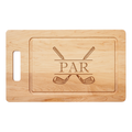 The Maple Single Handle Grill Board | Par | 20 x 12" features a left handle and "PAR" engraved in the center, framed by crossed golf clubs—perfect as a unique charcuterie board for golf fans. By Maple.