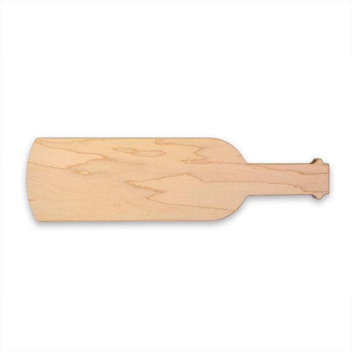 The Maple Wine Board by Maple, measuring 15 x 4", is expertly crafted in a wine bottle shape and displayed on a white background.