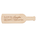 The Maple Wine Board by Maple is a 15 x 4" maple wood cutting board shaped like a wine bottle, engraved with "Love Laughter and Happy Ever After.