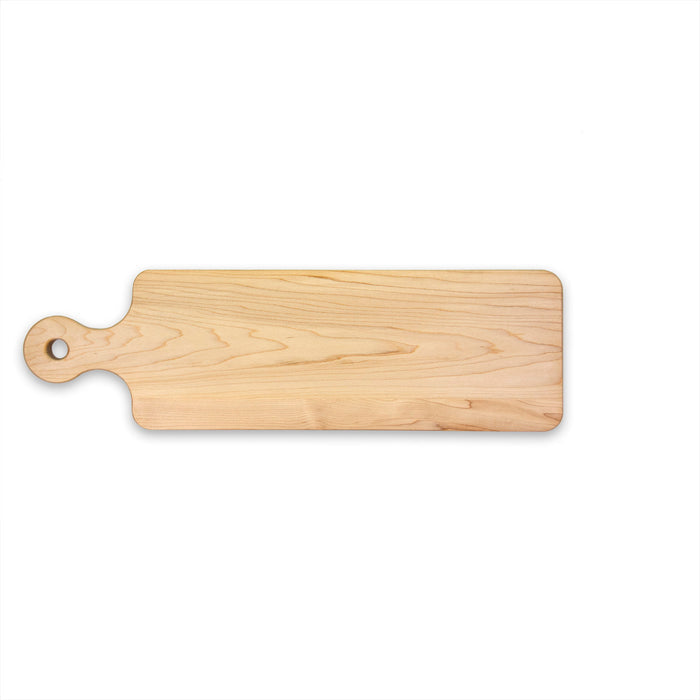 The Maple Wood Bread Board by Maple, measuring 20" x 6", features rounded edges and a handle with a circular hole, shown on a white background.