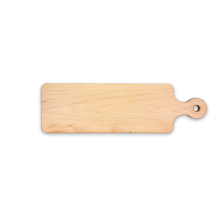 The Maple Wood Bread Board by Maple, measuring 20" x 6", features a right-side handle with a hole and is shown on a white background.