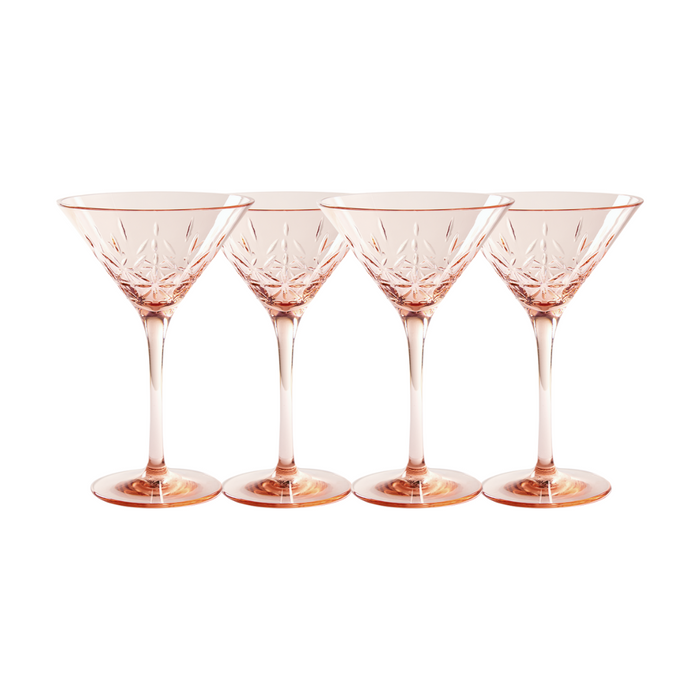 Four 8 oz blush-tinted shatterproof Martini Classic glasses by Sophistiplate LLC are arranged in a row on a white background. Set of 4.
