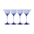 Four Sophistiplate LLC Martini Classic cobalt 8 oz shatterproof glasses (4 pack) are arranged side by side on a white background.