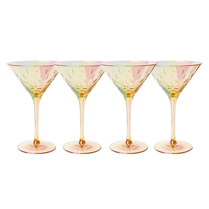 Four Martini Classic gold glasses by Sophistiplate LLC, 8 oz each, come in a set of 4. They feature etched patterns, are BPA-free, dishwasher safe, and are displayed in a row on a white background.
