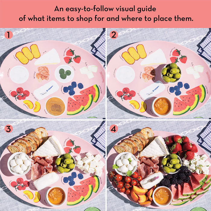 A step-by-step visual guide shows the Maple Meg Quinn Melamine Serving Tray in pink being filled with cheeses, meats, bread, fruits, crackers, olives, and dip—perfect for creating an appealing charcuterie board. Dishwasher safe for easy cleanup.