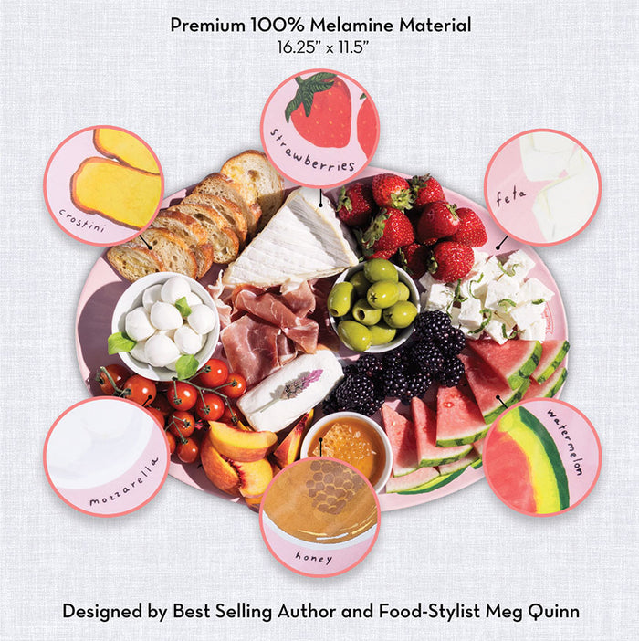 A charcuterie platter with bread, fruit, cheese, honey, and meats is displayed on the Maple Meg Quinn Melamine Serving Tray. The tray features select ingredients in the design by Meg Quinn and is dishwasher safe for easy cleanup.
