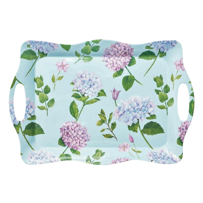 The Sophistiplate Melamine Hydrangea Serving Tray features a light blue background with purple, blue, and pink hydrangeas and green leaves. Its curved edges and handles make it both stylish and durable for everyday use.
