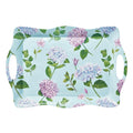 The Sophistiplate Melamine Hydrangea Serving Tray features a light blue background with purple, blue, and pink hydrangeas and green leaves. Its curved edges and handles make it both stylish and durable for everyday use.