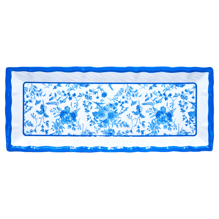 The Sophistiplate Melamine Timeless Serving Plate features a blue and white floral center with a wavy blue border, making it an elegant platter for any occasion.