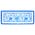 The Sophistiplate Melamine Timeless Serving Plate features a blue and white floral center with a wavy blue border, making it an elegant platter for any occasion.