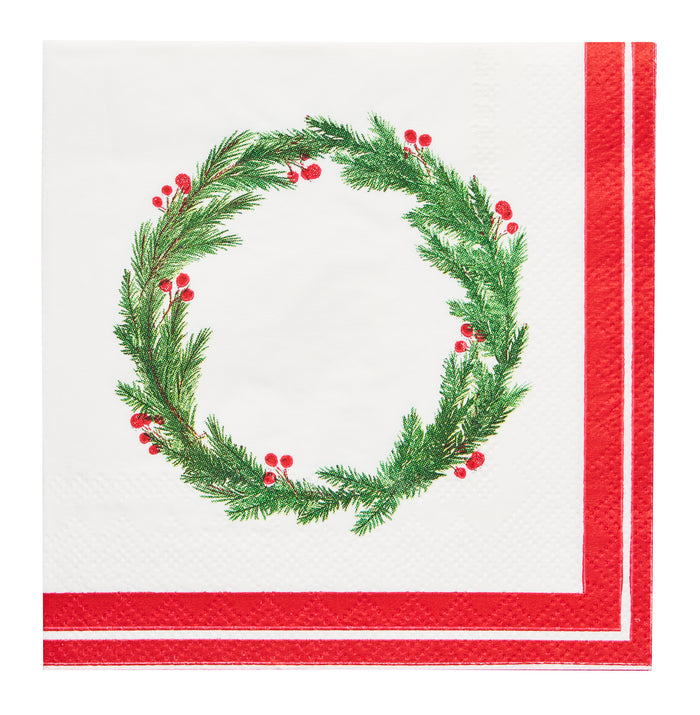 The Sophistiplate Merry and Bright Paper Cocktail Napkin 20pk features a green pine and red berry wreath center with red striped borders—ideal for Christmas cocktails or adding festive flair to your modern tablescape.