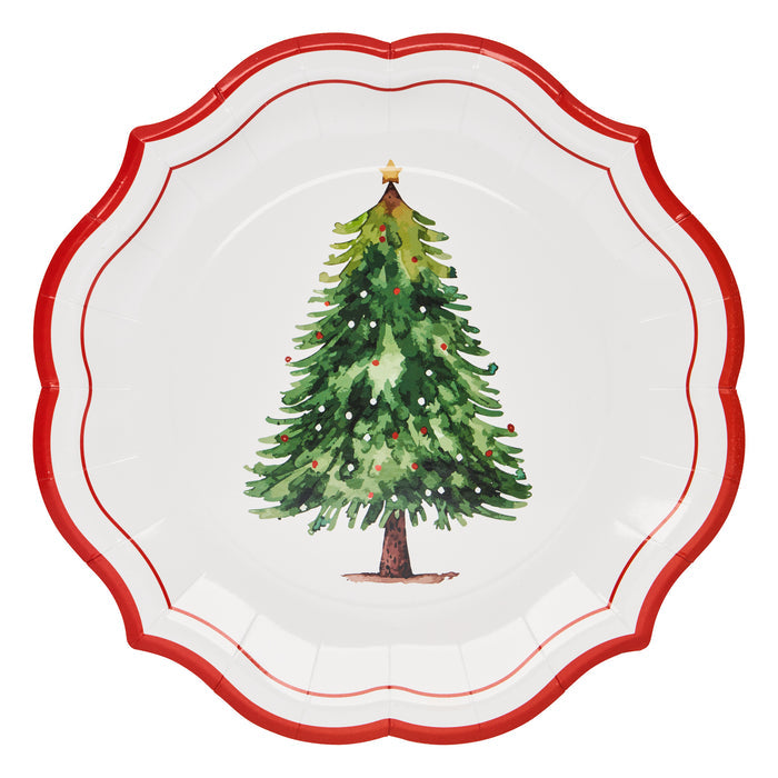 The Sophistiplate Merry and Bright Paper Dinner Plate (8pk) features a scalloped edge, red border, and Christmas tree with yellow star—perfect for festive holiday dinners and creating a cheerful table setting.