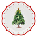 The Sophistiplate Merry and Bright Paper Dinner Plate (8pk) features a scalloped edge, red border, and Christmas tree with yellow star—perfect for festive holiday dinners and creating a cheerful table setting.