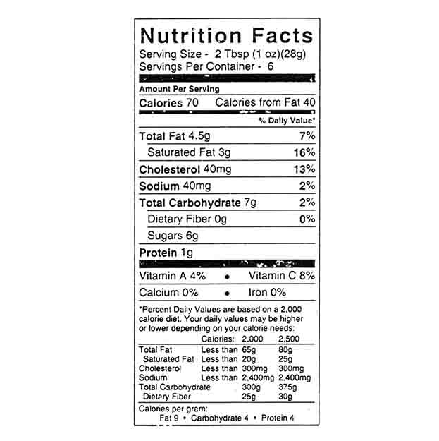 Black and white nutrition facts label for Bella Cucina Meyer Lemon Spread displays serving size, calories, fat, cholesterol, sodium, carbohydrates, sugars, protein, vitamins, minerals, and daily value percentages.