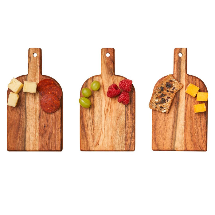 The Maple Mini Bevel Boards - Set of 3 with Ribbon (8 x 4.25") beautifully display cheese cubes, pepperoni, fresh grapes, raspberries, and raisin bread with cheddar—perfect for entertaining as a stylish cheese board set.