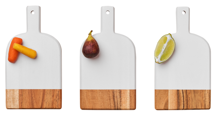 The Maple Mini Bevel Boards - Set of 3 with Ribbon (White, 8 x 4.25") are pictured on a white background, each displaying snacks—a pair of baby carrots, a fig, and a halved lime—showcasing their charcuterie charm.