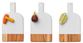 The Maple Mini Bevel Boards - Set of 3 with Ribbon (White, 8 x 4.25") are pictured on a white background, each displaying snacks—a pair of baby carrots, a fig, and a halved lime—showcasing their charcuterie charm.