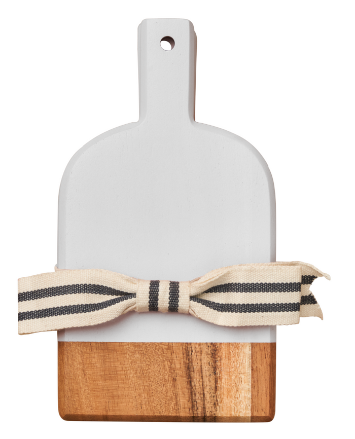 The Maple Mini Bevel Boards - Set of 3 with Ribbon feature a white-painted top, a handle with hole, black-and-white striped ribbon, and natural wood grain—perfect for stylish mini charcuterie board displays. Each measures 8 x 4.25".