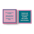Set of two pink and teal Mirror Napkins by Drinks On Me with witty drink quotes—one says, "Susan, you have to stop drinking wine," the other, "My doctor said I need to watch my drinking." Great as wine napkins or bar cart accessories.