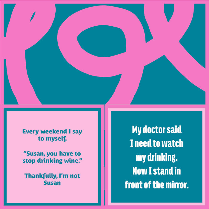 The Mirror Napkin by Drinks On Me features two teal boxes with funny wine quotes, including "Susan, you have to stop drinking wine—thankfully, I'm not Susan," accented by vibrant pink abstract borders—ideal for wine lovers and bar carts.