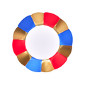 The Sophistiplate Modern Patriotic Appetizer/Dessert Bowls (8pk) feature a circular design with alternating red, blue, and gold segments, elegant gold accents, and a white center—perfect for festive gatherings.