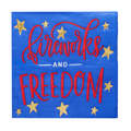 Celebrate in style with Sophistiplate's Modern Patriotic Cocktail Napkins Fireworks/20pk—blue 3-ply napkins with metallic gold stars and “fireworks and FREEDOM” in bold red and white lettering. Perfect for any patriotic occasion!.