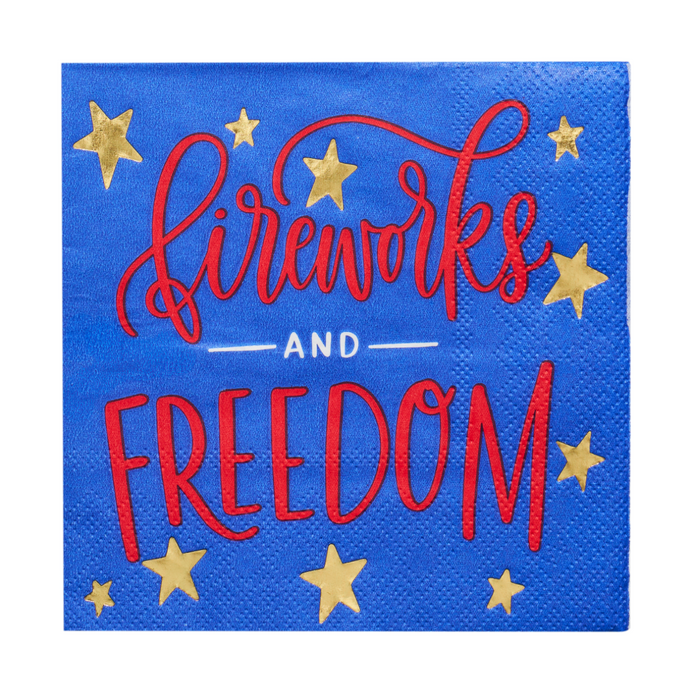 Celebrate in style with Sophistiplate's Modern Patriotic Cocktail Napkins Fireworks/20pk—blue 3-ply napkins with metallic gold stars and “fireworks and FREEDOM” in bold red and white lettering. Perfect for any patriotic occasion!.