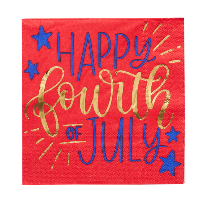 Sophistiplate’s Modern Patriotic Cocktail Napkins (20pk) feature blue stars, gold accents, and "Happy Fourth of July" in stylish lettering—perfect for adding festive flair to your celebration.