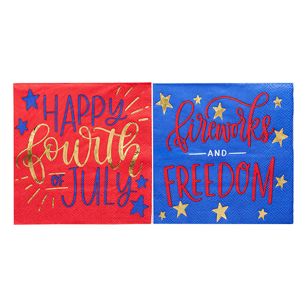Celebrate the Fourth with Sophistiplate’s Modern Patriotic Cocktail Napkins/26pk, featuring red “Happy Fourth of July” and blue “Fireworks and Freedom” designs with gold foil and stars—perfect festive napkins for your celebration.