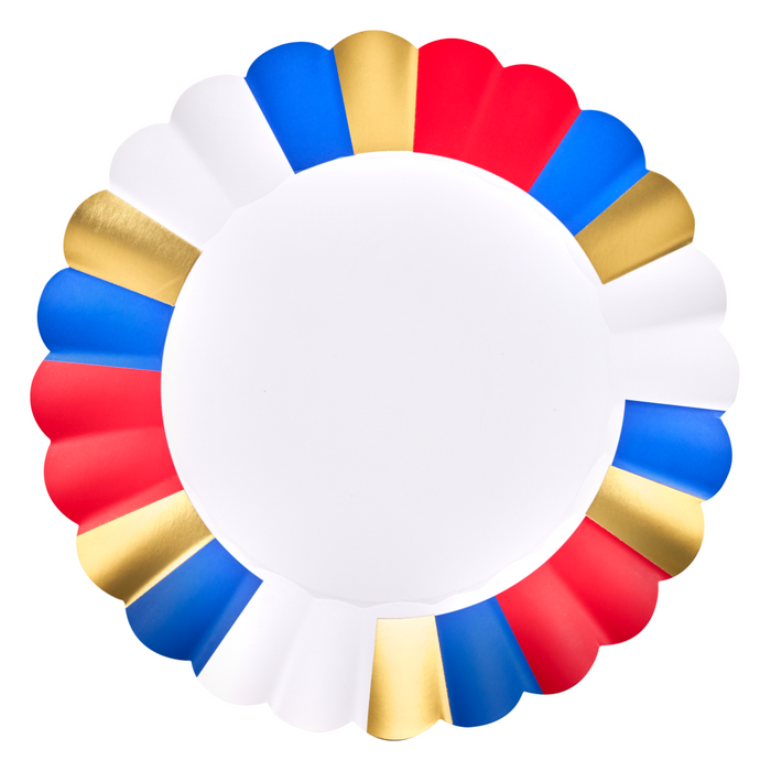 The Sophistiplate Modern Patriotic Dinner Plates (8pk) feature a round scalloped edge with red, blue, white, and metallic gold rim sections and a plain white center—ideal for festive gatherings and patriotic celebrations.