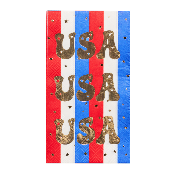 The Sophistiplate Modern Patriotic Guest Towels (20pk) feature vertical red, white, and blue stripes, metallic gold stars and accents, and triple "USA" in shiny gold. Made of premium 3-ply paper for extra durability—perfect for festive gatherings.