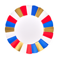 The Sophistiplate Modern Patriotic Salad Plates (8pk) feature a round design with scalloped edges, alternating red, white, blue segments with gold accents, and a plain white center. Disposable paper plates add flair to your celebration.