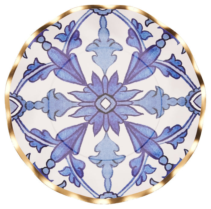 The Sophistiplate Moroccan Nights Wavy Paper Salad Plate (8pk) features a ruffled gold rim and a symmetrical blue floral and geometric Moroccan tile pattern on a white background.