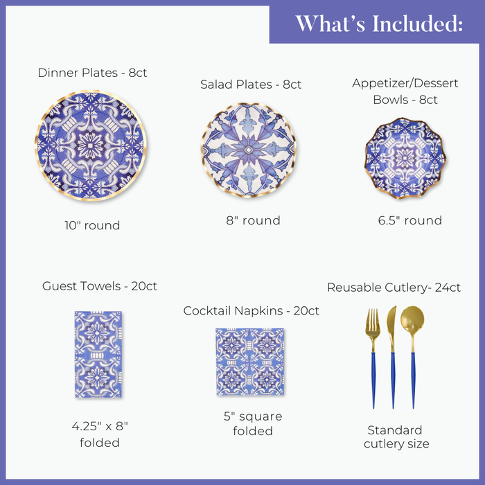 Image of the Sophistiplate LLC Moroccan Table Setting: includes 8 large blue plates, 8 medium salad plates, 8 small bowls, 20 guest towels, 20 napkins, and 24 gold reusable cutlery pieces—your complete party-in-a-box.