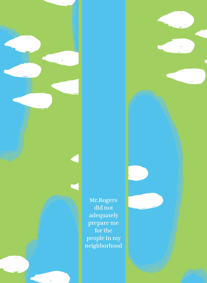 The Mr Rogers Dish Towel by Drinks On Me features abstract blue and green shapes with a vertical blue strip and the text: "Mr. Rogers did not adequately prepare me for the people in my neighborhood." A fun kitchen gift!.