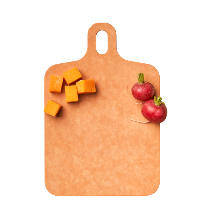 A Maple Natural Wood Fiber Composite Board with six cubes of orange cheese on the left and two whole red radishes with stems on the right, set against a white background.