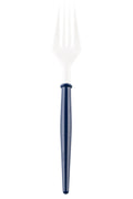 The Sophistiplate Navy and White Cocktail Forks - 50pk feature a BPA-free white head and dark blue tapered handle, adding style to your disposable plastic cutlery collection. Shown on a plain white background.
